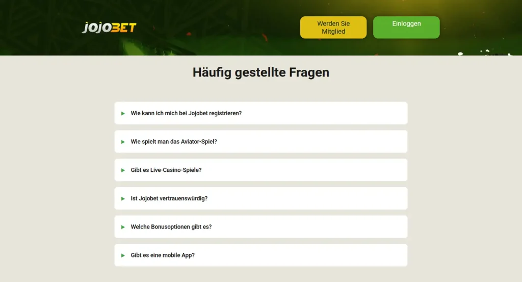 Informationsabschnitte mit Fragen und Wettregeln auf der Jojobet-Webseite