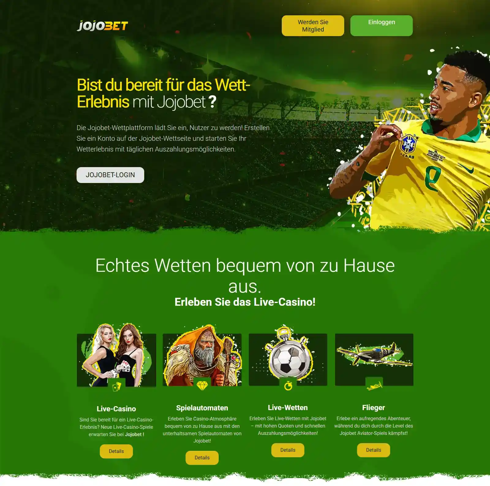 Navigation und redaktionelle Bereiche der Jojobet-Webseite