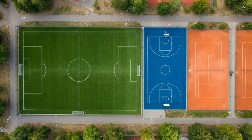 Mehrere geometrisch angeordnete Spielfelder in einer Ansicht von oben
