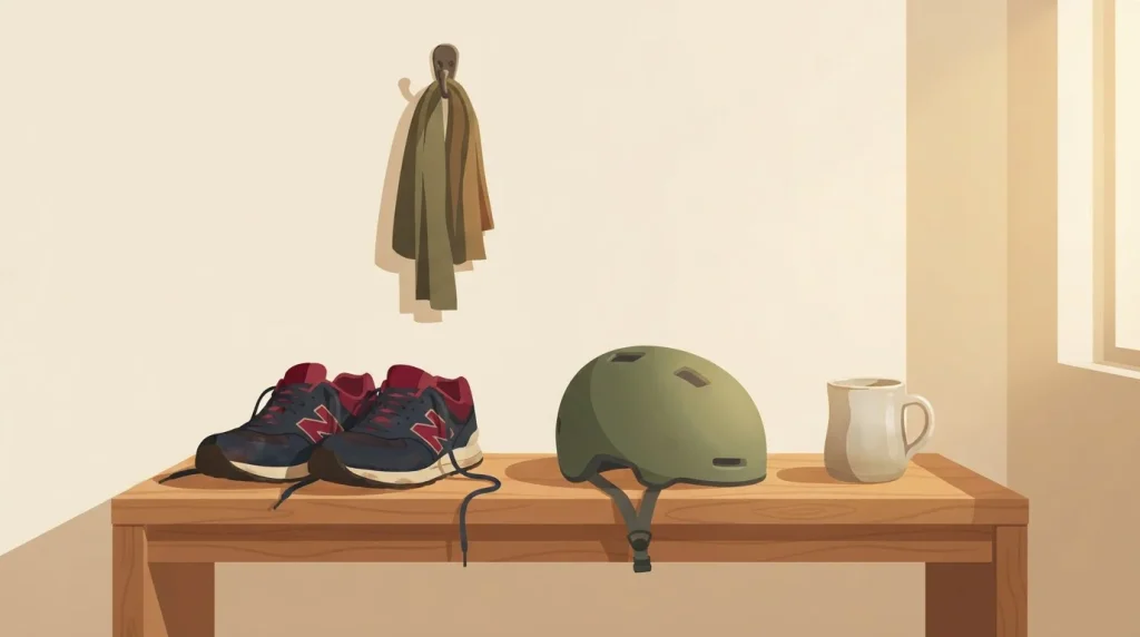 Laufschuhe, Fahrradhelm und Tasse auf einem Regal