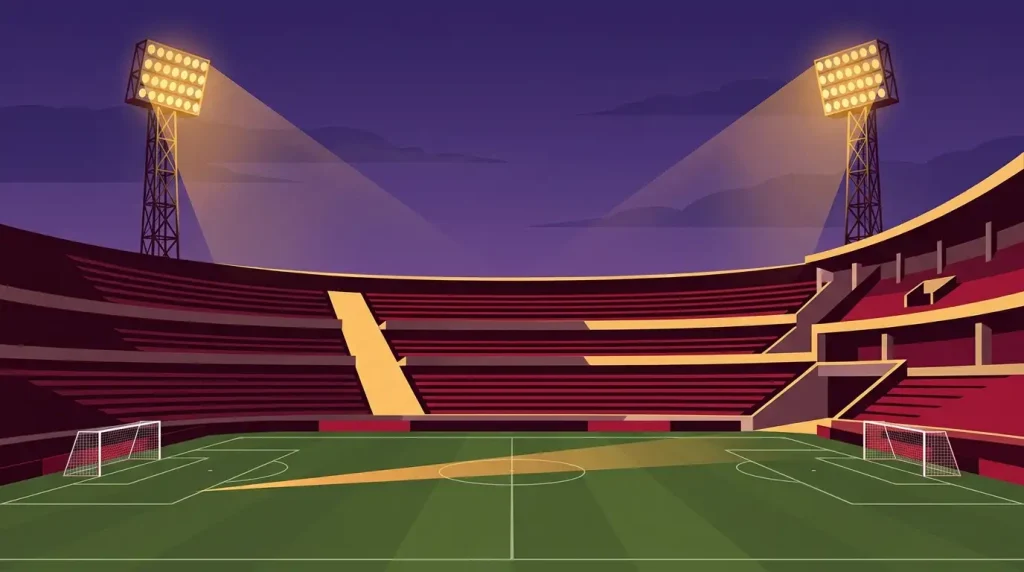Fußballstadion bei Abendlicht mit hohen hellen Flutlichtmasten
